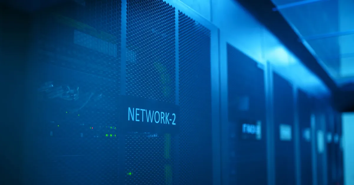 A modern server room featuring network equipment with blue illumination. Ideal for technology themes.