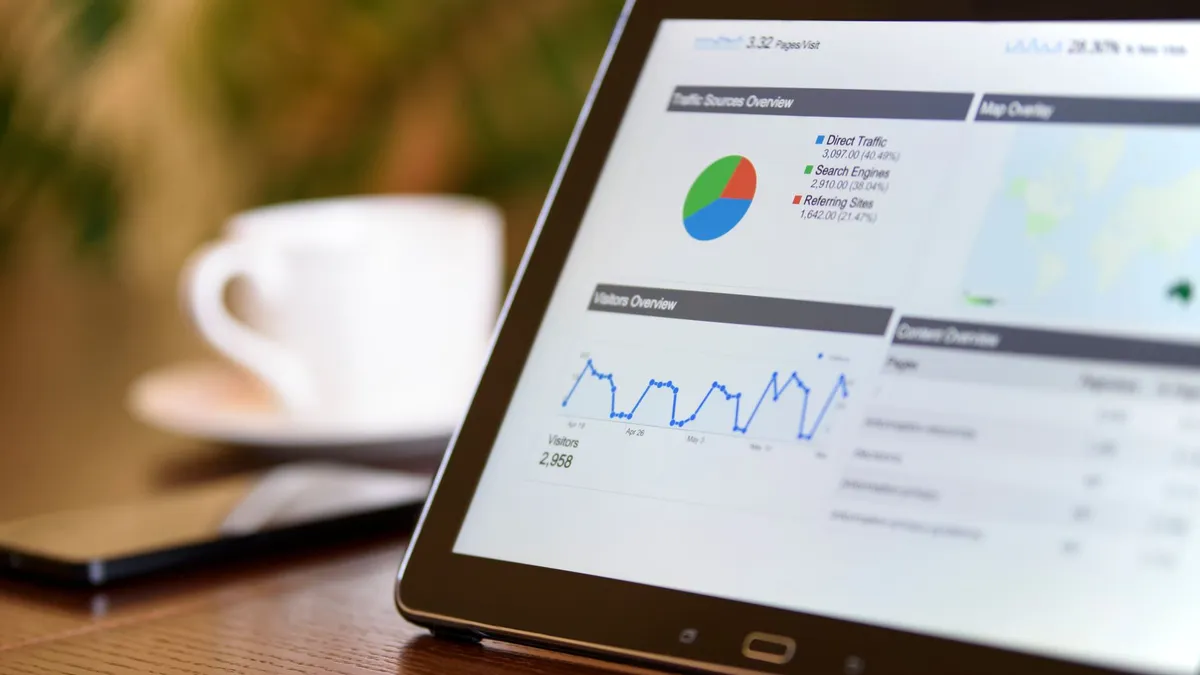 Close-up of a tablet displaying analytics charts on a wooden office desk, alongside a smartphone and coffee cup.