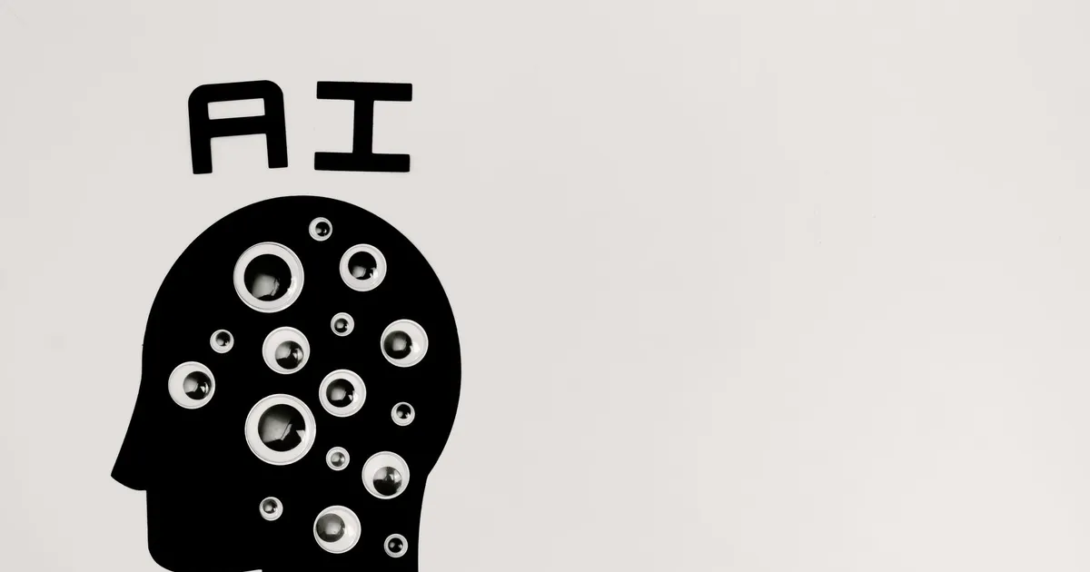 Abstract illustration of AI with silhouette head full of eyes, symbolizing observation and technology.